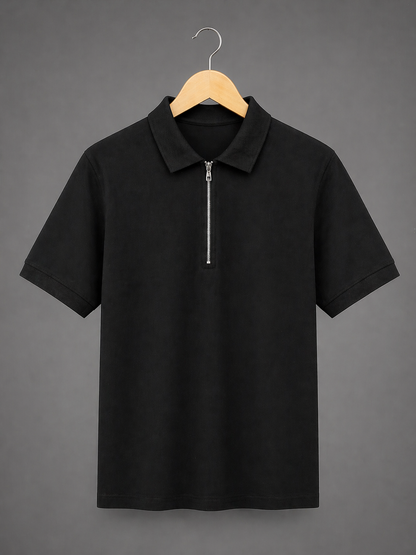 Jet Black Zip Polo T-Shirt – Premium Lycra
