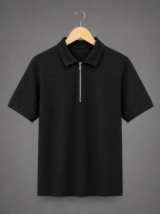 Jet Black Zip Polo T-Shirt – Premium Lycra
