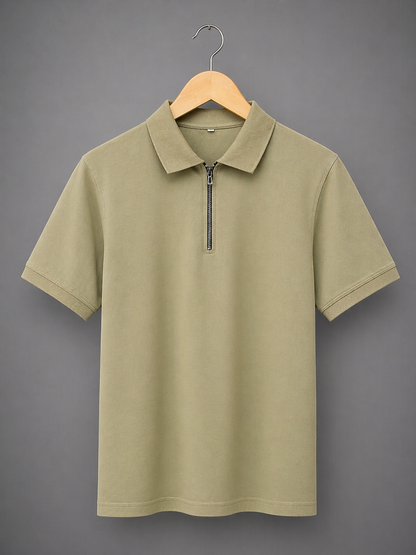 Olive Green Zip Polo T-Shirt - Premium Lycra