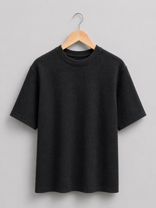 Jet Black Waffle Knit  Oversized T-Shirt – Premium Cotton