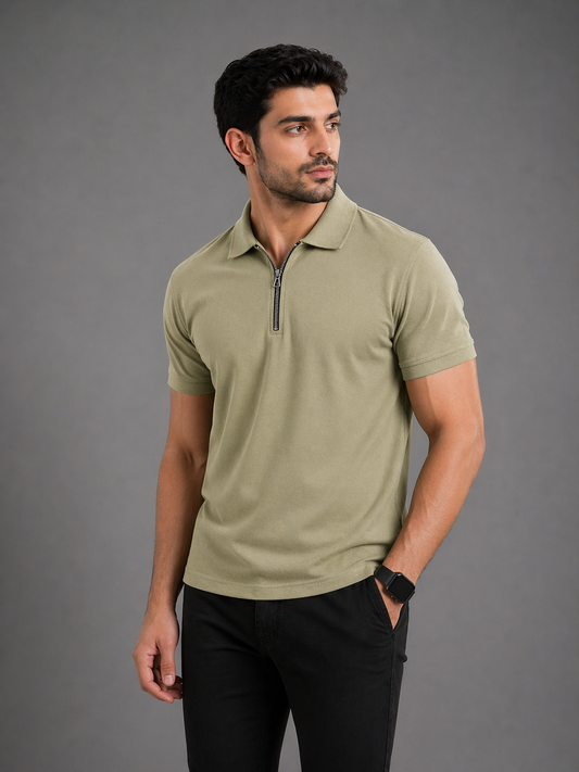 Olive Green Zip Polo T-Shirt - Premium Lycra