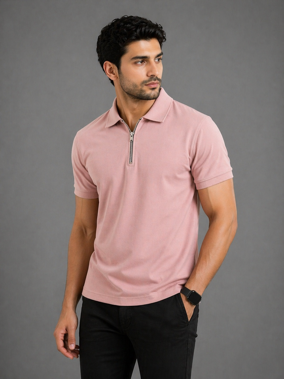 Blush Pink Zip Polo T-Shirt – Premium Lycra