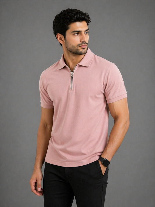 Blush Pink Zip Polo T-Shirt – Premium Lycra