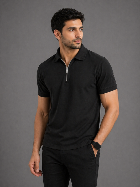 Jet Black Zip Polo T-Shirt – Premium Lycra